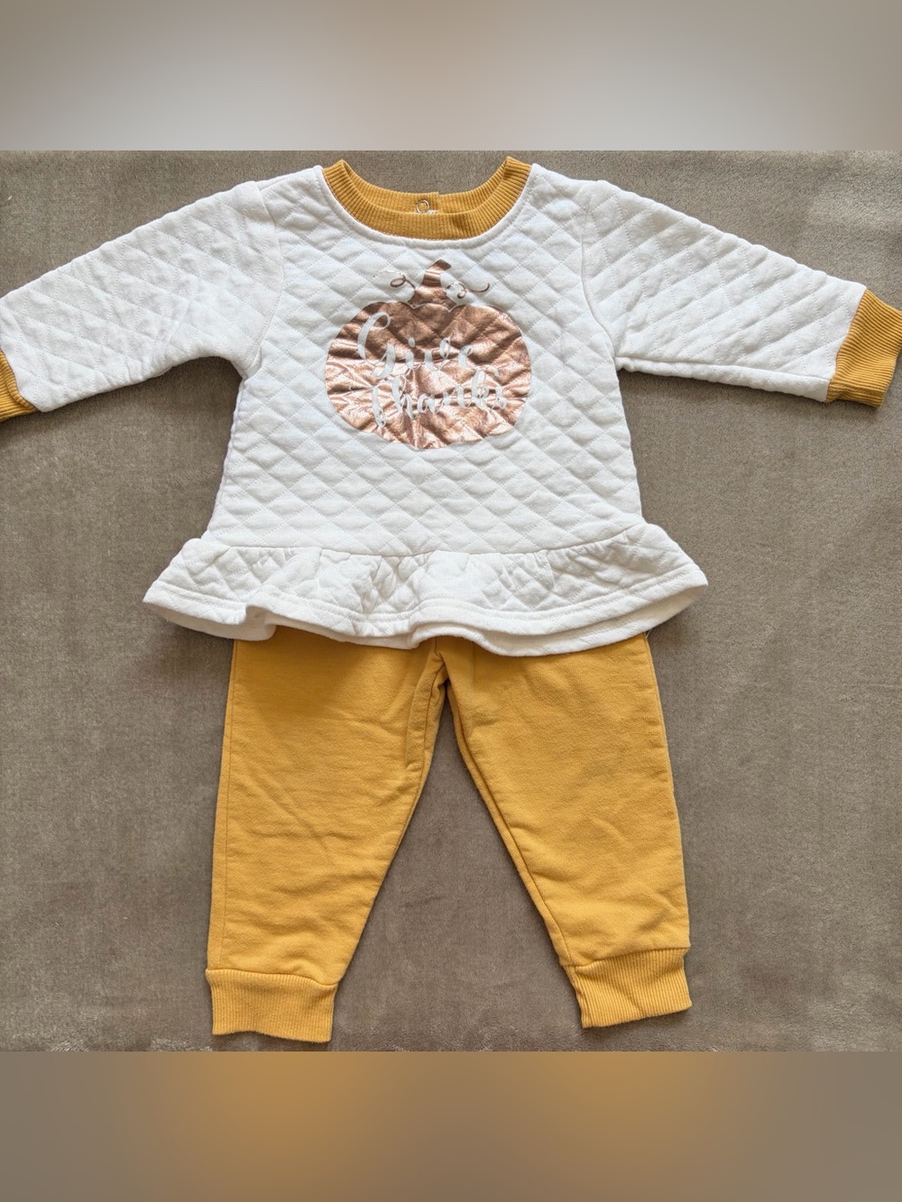 Girl 18M Fall Outfit Set - 2pc Quilted Sweater & Pants “Give Thanks” Pumpkin Set